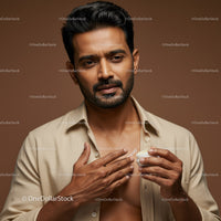 Stylish Man with Beard in Beige Shirt Holding Cream Against Brown Background