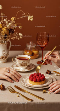 Elegant Tea Setup with Raspberry Tart and Vintage Tableware