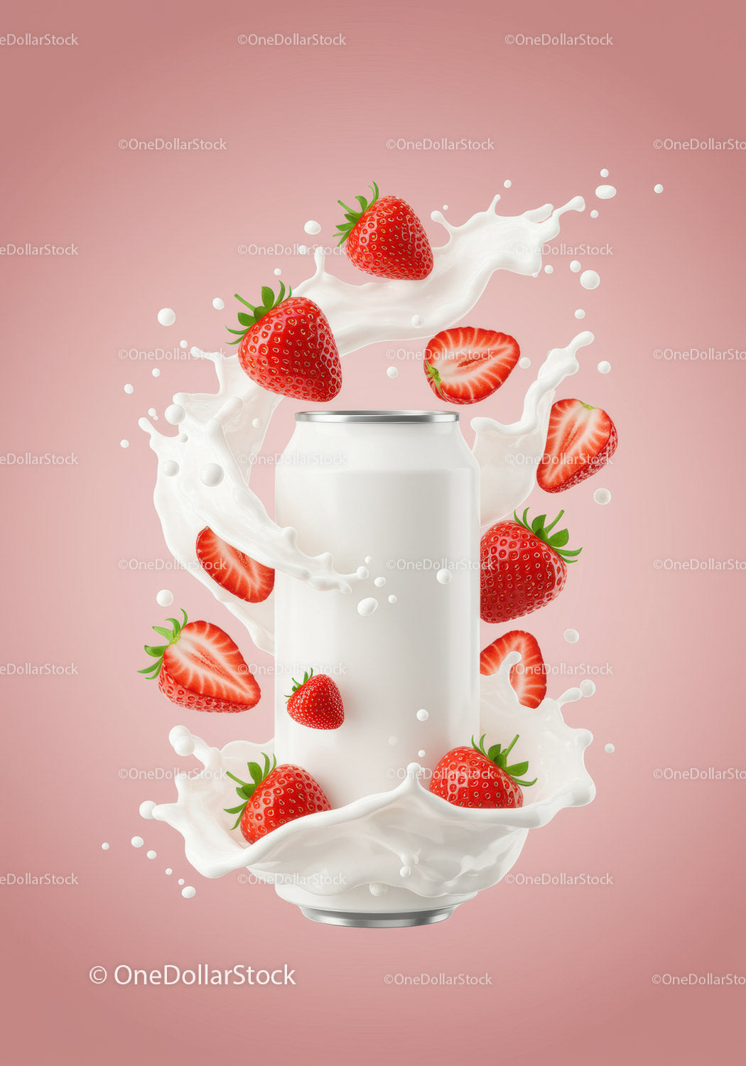 Fresh strawberries splashing around milk can