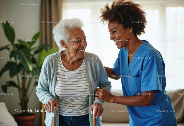 Compassionate Healthcare Worker Supporting Elderly Woman with Cane