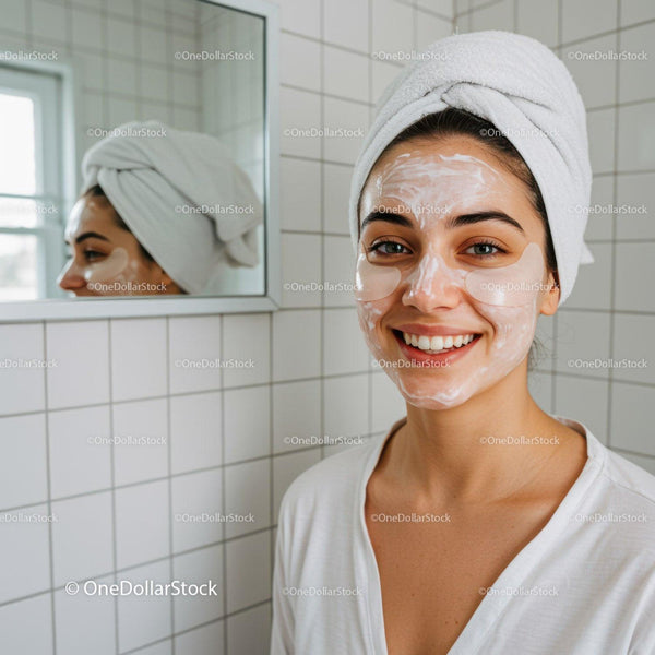 Smiling Woman Enjoying Skincare Routine at Home Bathroom