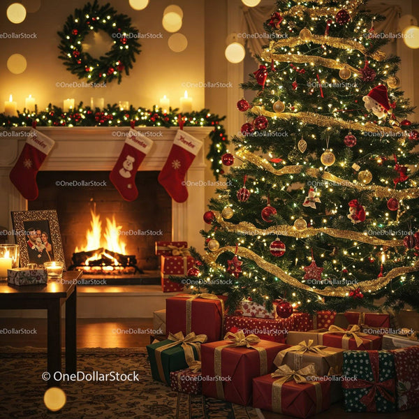 Cozy Christmas Living Room with Decorated Tree and Fireplace