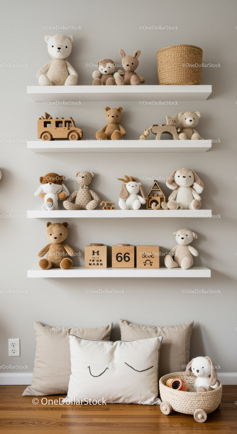 Cozy Nursery with Plush Toys and Wooden Decor Shelves