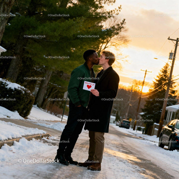Couple sharing a tender kiss holding Valentine card outdoors