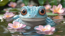 Close-up of a Blue Frog among Water Lilies in a Calm Pond