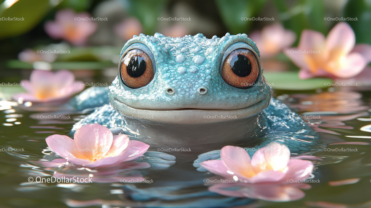 Close-up of a Blue Frog among Water Lilies in a Calm Pond