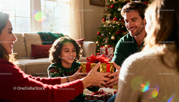 Family exchanging gifts by decorated Christmas tree