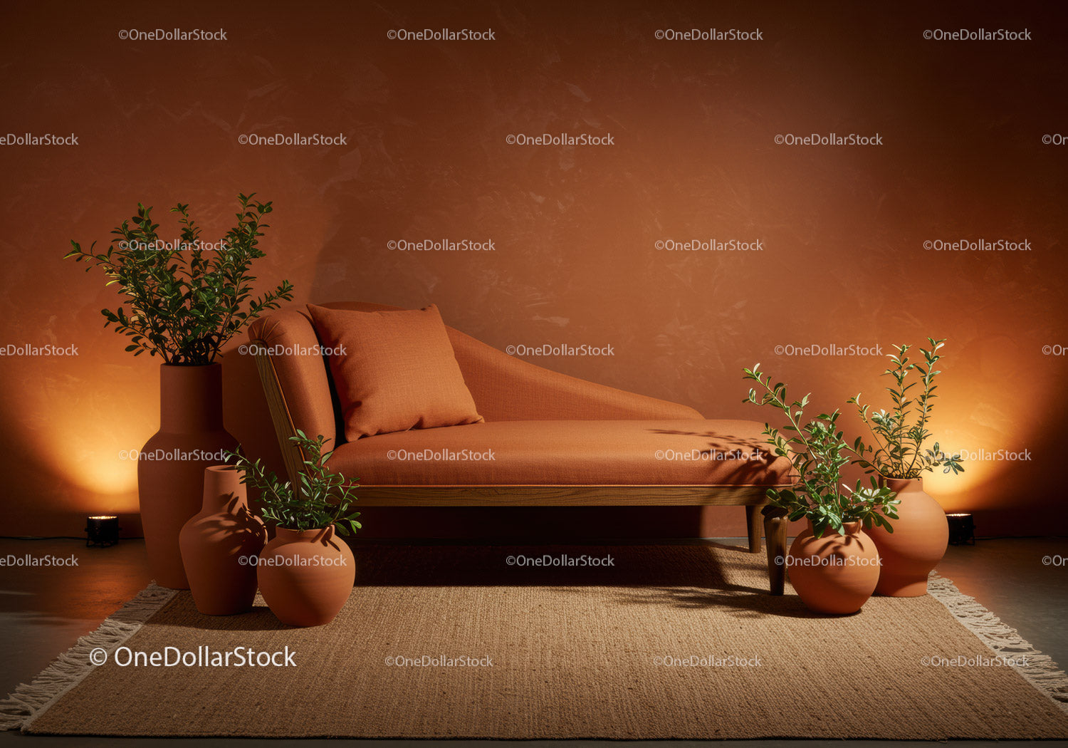Warm terracotta chaise lounge with green plants decor