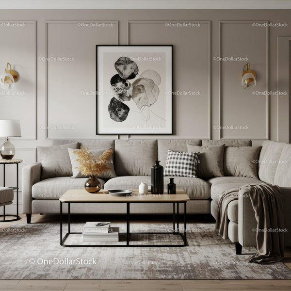 Elegant Modern Living Room with Beige Sofa and Abstract Wall Art