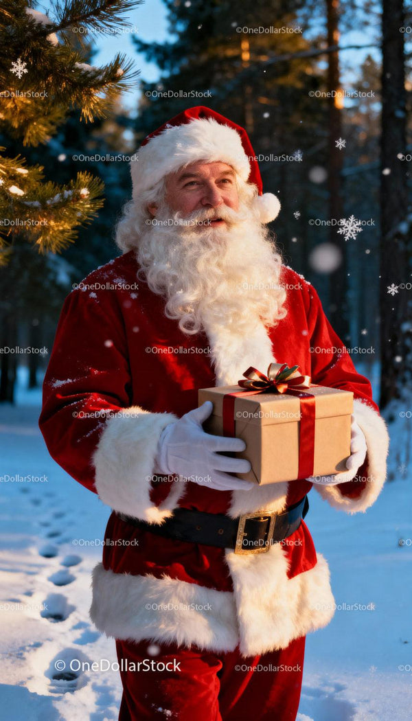 Santa Claus holding gift box in snowy forest at sunset