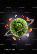 Cabbage Planet with Floating Vegetables in Space