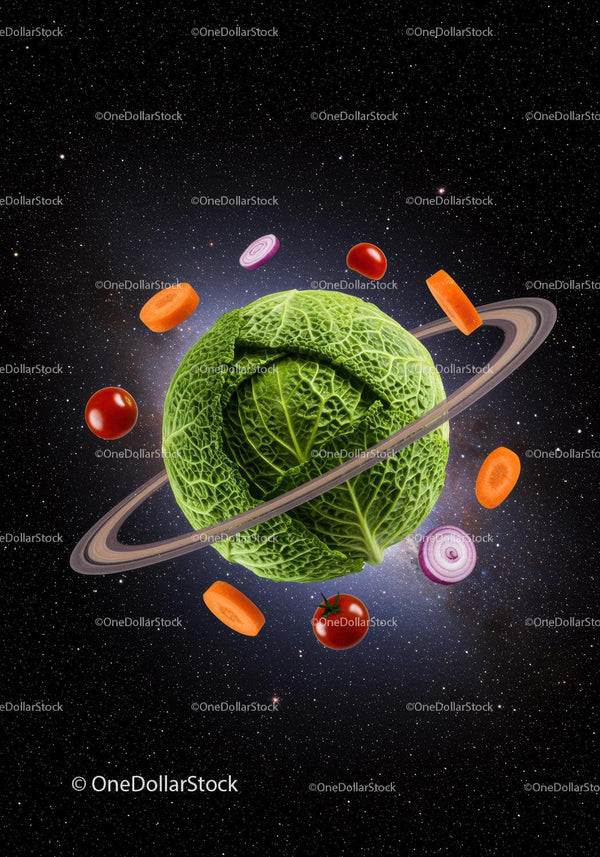 Planeta Kapusty z Unoszącymi się Warzywami w Kosmosie