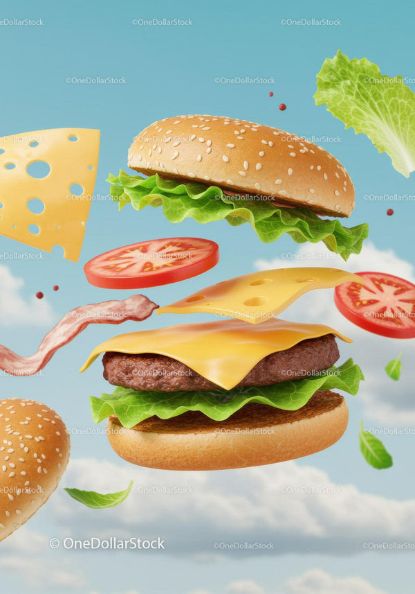 Składniki rozłożonego cheeseburgera unoszące się na tle czystego nieba