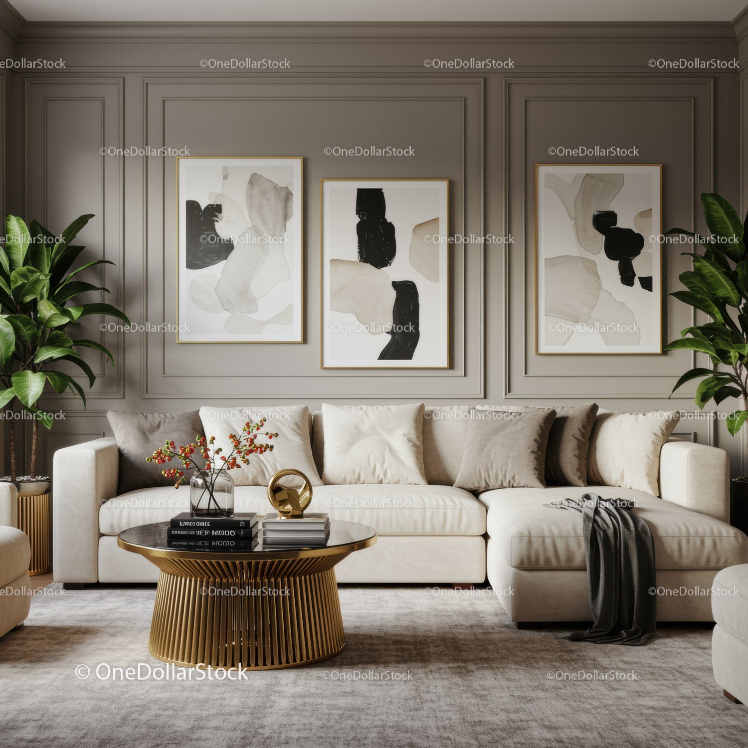 Elegant beige living room with modern gold coffee table