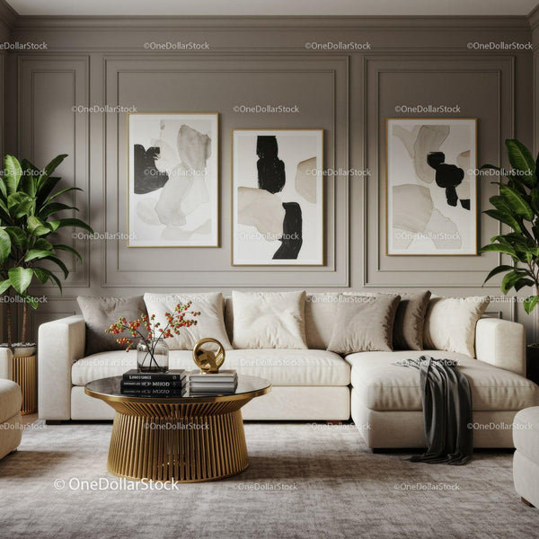 Elegant beige living room with modern gold coffee table