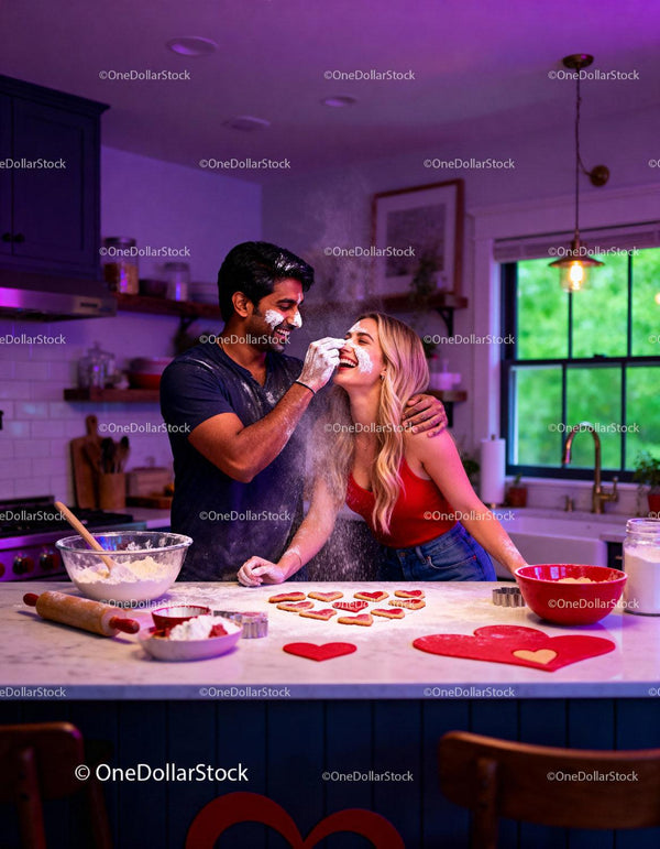 Couple Baking Heart-Shaped Cookies in Cozy Kitchen