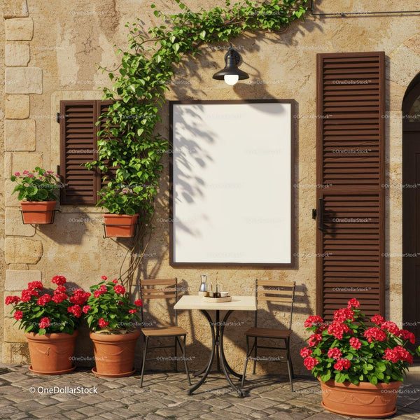 Cozy outdoor cafe corner with blooming red flowers JPG Mockup Image
