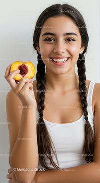 Smile of a Teen Girl Holding Peach in Bright Indoor Environment