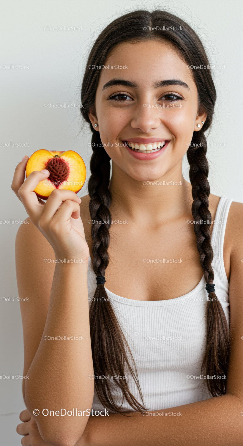 Smile of a Teen Girl Holding Peach in Bright Indoor Environment