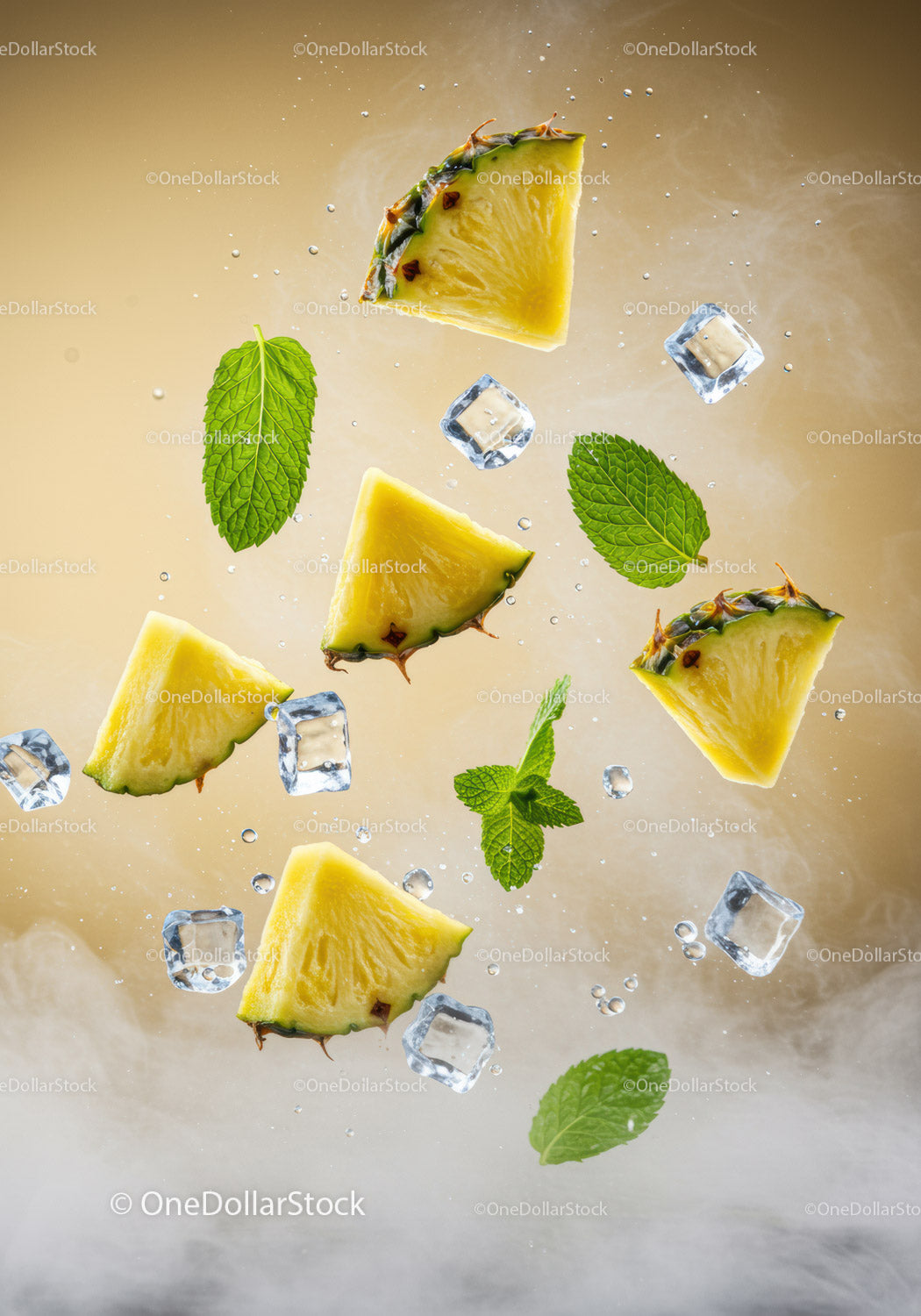 Fresh pineapple slices and mint leaves with ice cubes