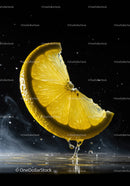 Fresh lemon slice with water droplets in dark setting