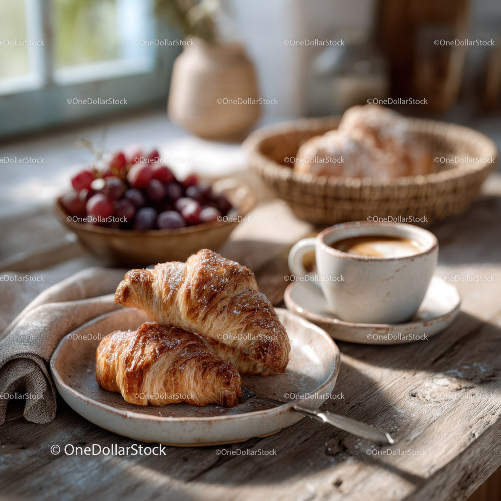 Rustic Breakfast with Croissants Coffee and Fresh Fruit