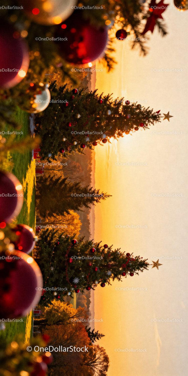 Christmas trees decorated with baubles at golden sunset