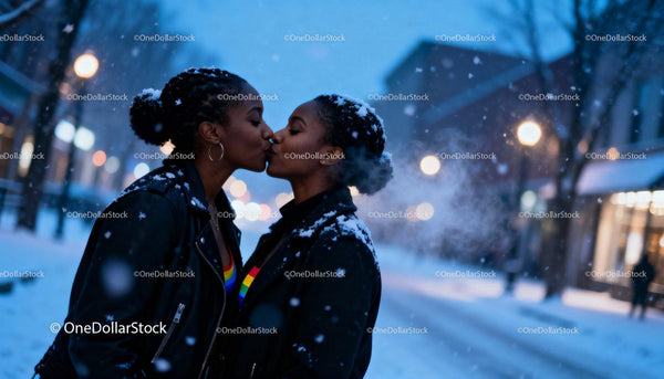 Couple Sharing a Tender Kiss on Snowy City Street