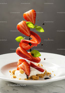 Fresh strawberries with cream and basil leaves drizzle