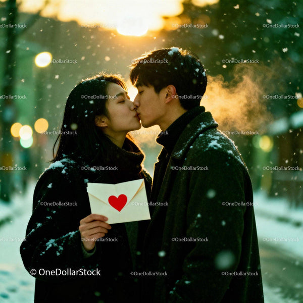 Couple Sharing a Winter Kiss with Love Letter