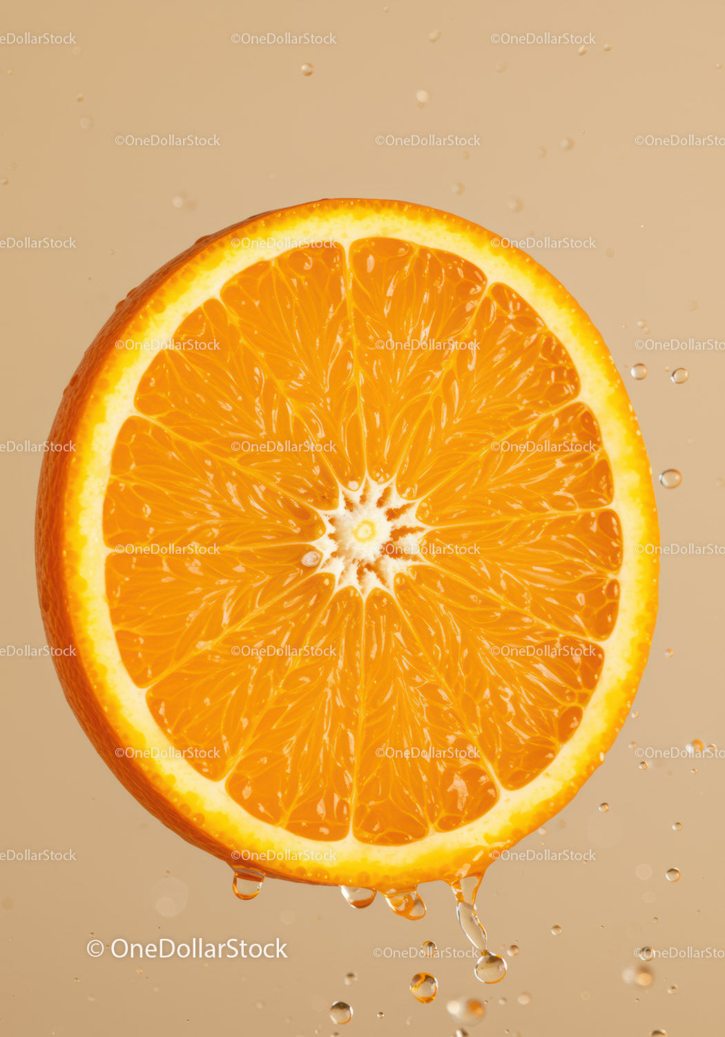 Fresh orange slice dripping with water droplets