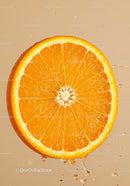 Fresh orange slice dripping with water droplets