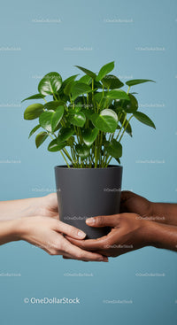Two people holding vibrant green houseplant together