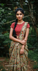 Elegant Young Woman in Floral Saree Outdoors in Lush Forest
