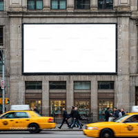 Busy urban street with yellow cabs and blank billboard