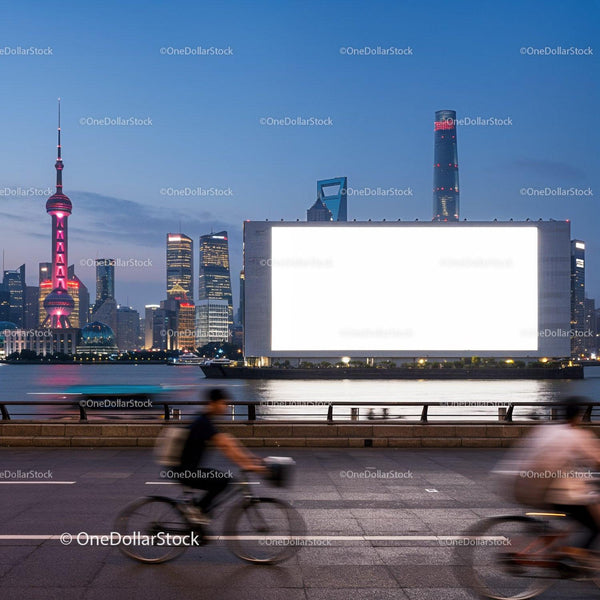 Evening cityscape with cyclists along river promenade JPG Mockup Image