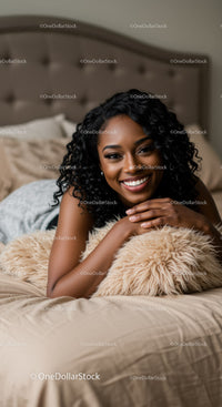 Smiling woman relaxing on bed with cozy pillow
