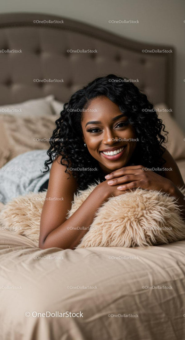 Smiling woman relaxing on bed with cozy pillow