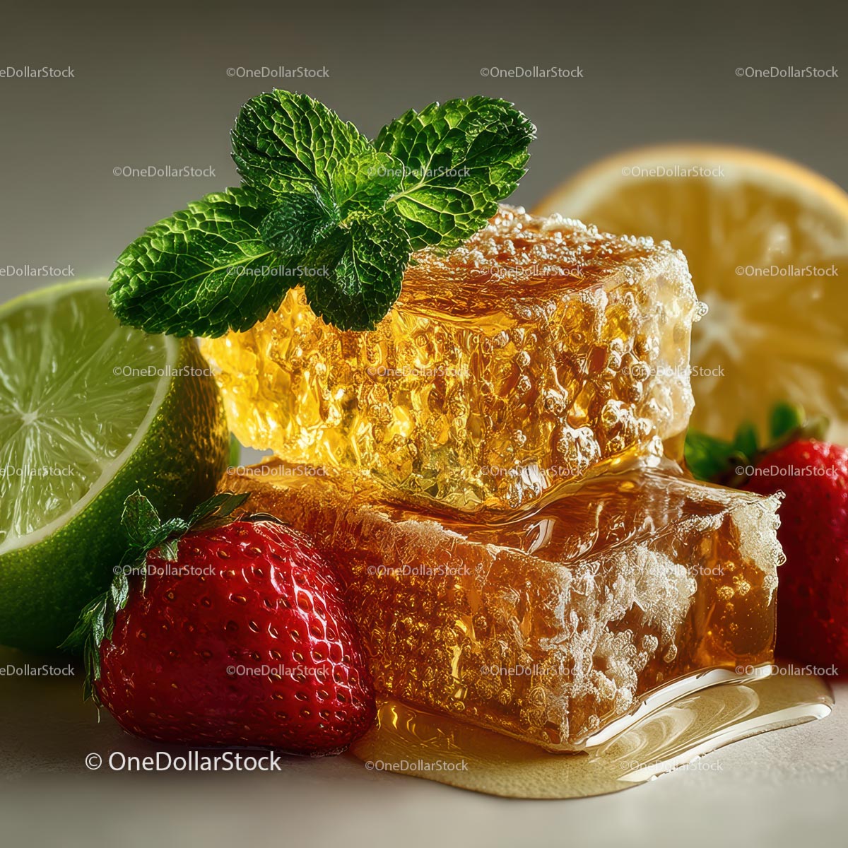Fresh Honeycomb with Strawberries and Lime Garnish