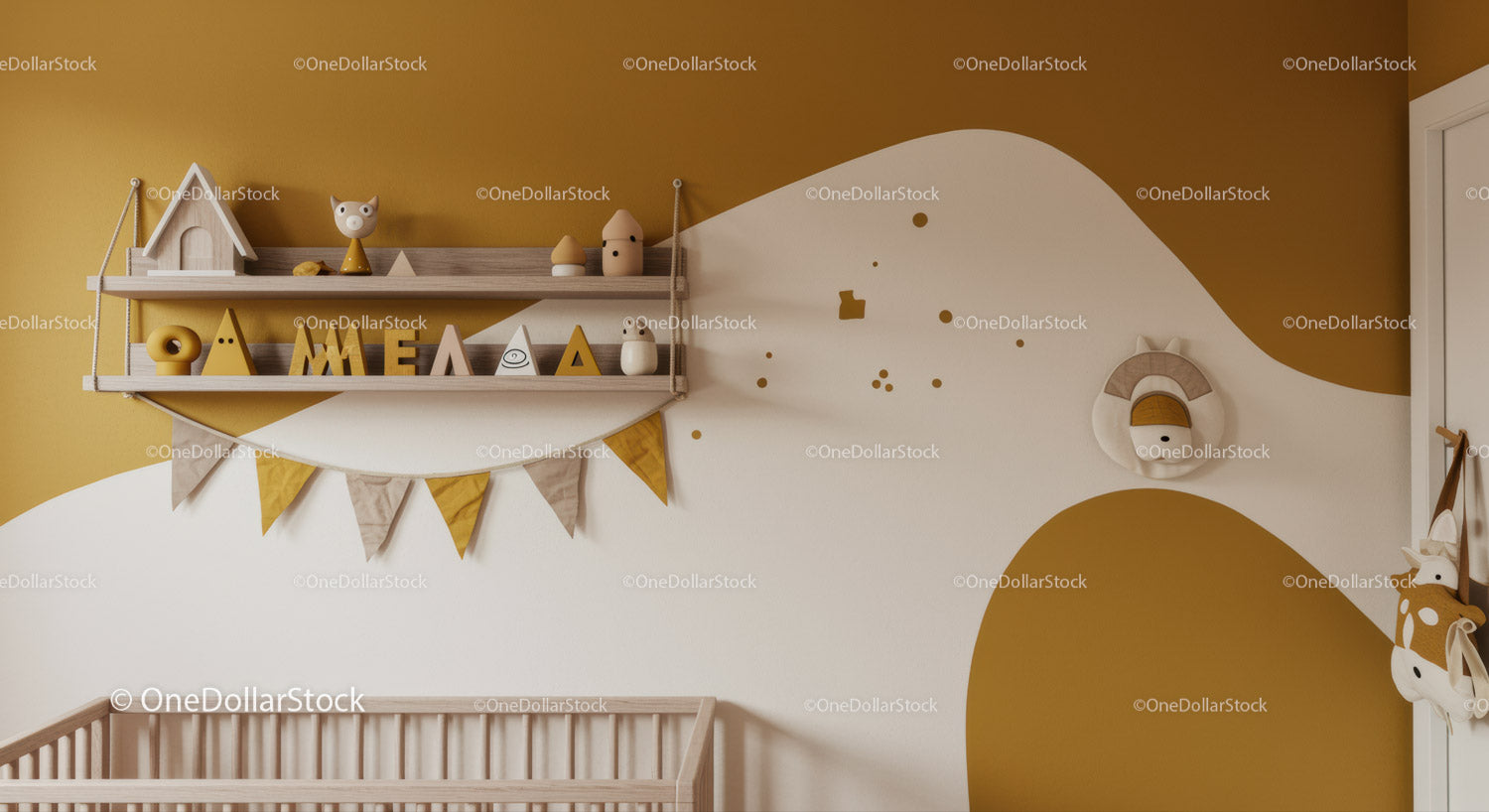 Modern Nursery Wall Decor with Wooden Toys and Mustard Accent Colors