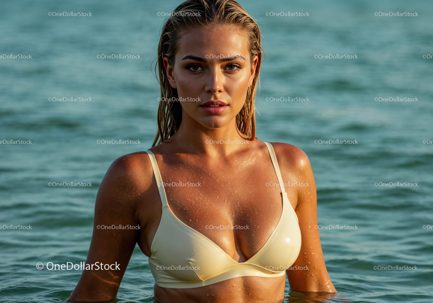 Elegant Woman in Swimsuit Standing by Ocean on Sunny Day