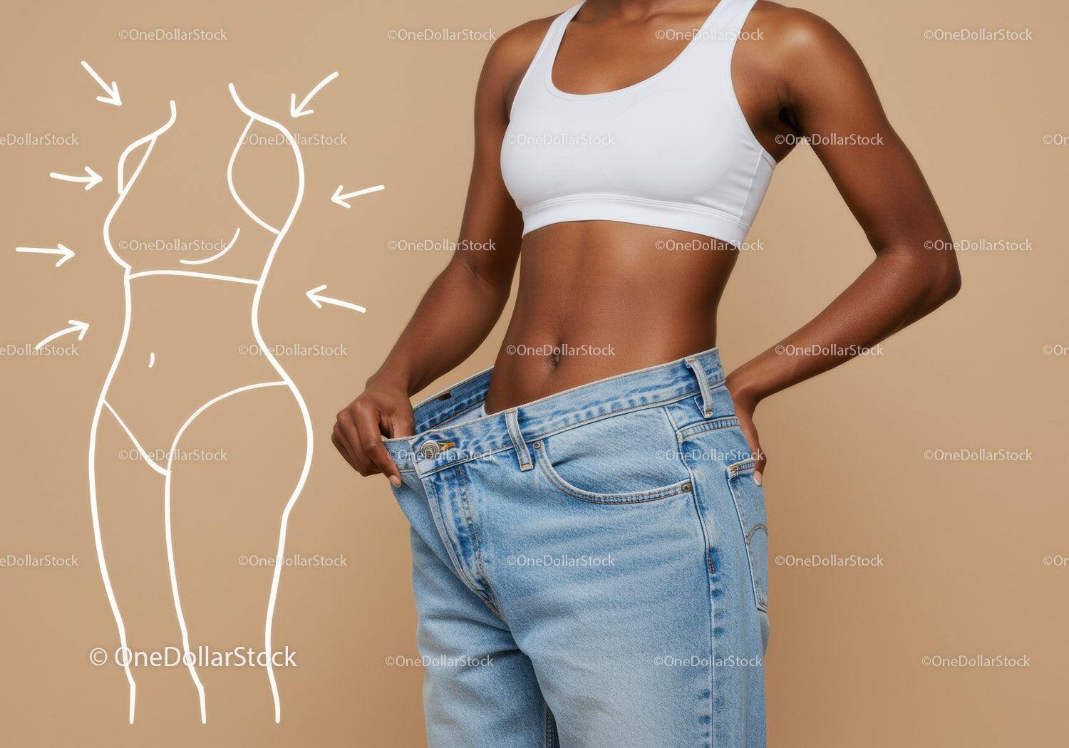 Woman Measuring Waist with Jeans Showing Transformation and Confidence