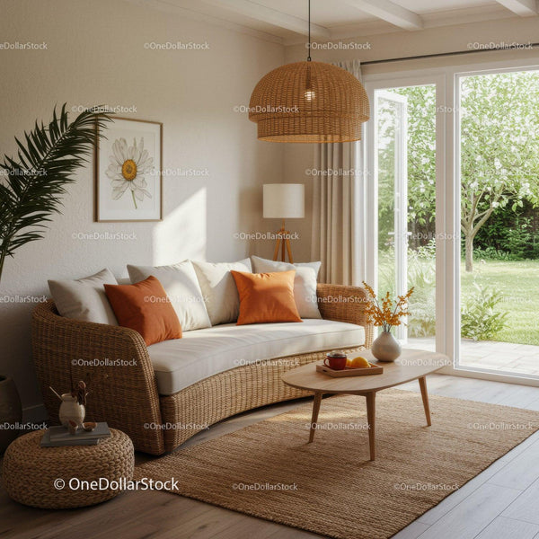 Cozy living room with rattan sofa and natural light