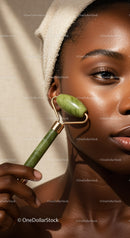 Close-Up of African Woman Using Jade Beauty Roller for Skin Rejuvenation