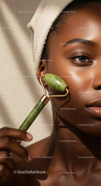 Close-Up of African Woman Using Jade Beauty Roller for Skin Rejuvenation
