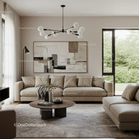 Elegant Modern Living Room with Beige Sofa and Abstract Wall Art