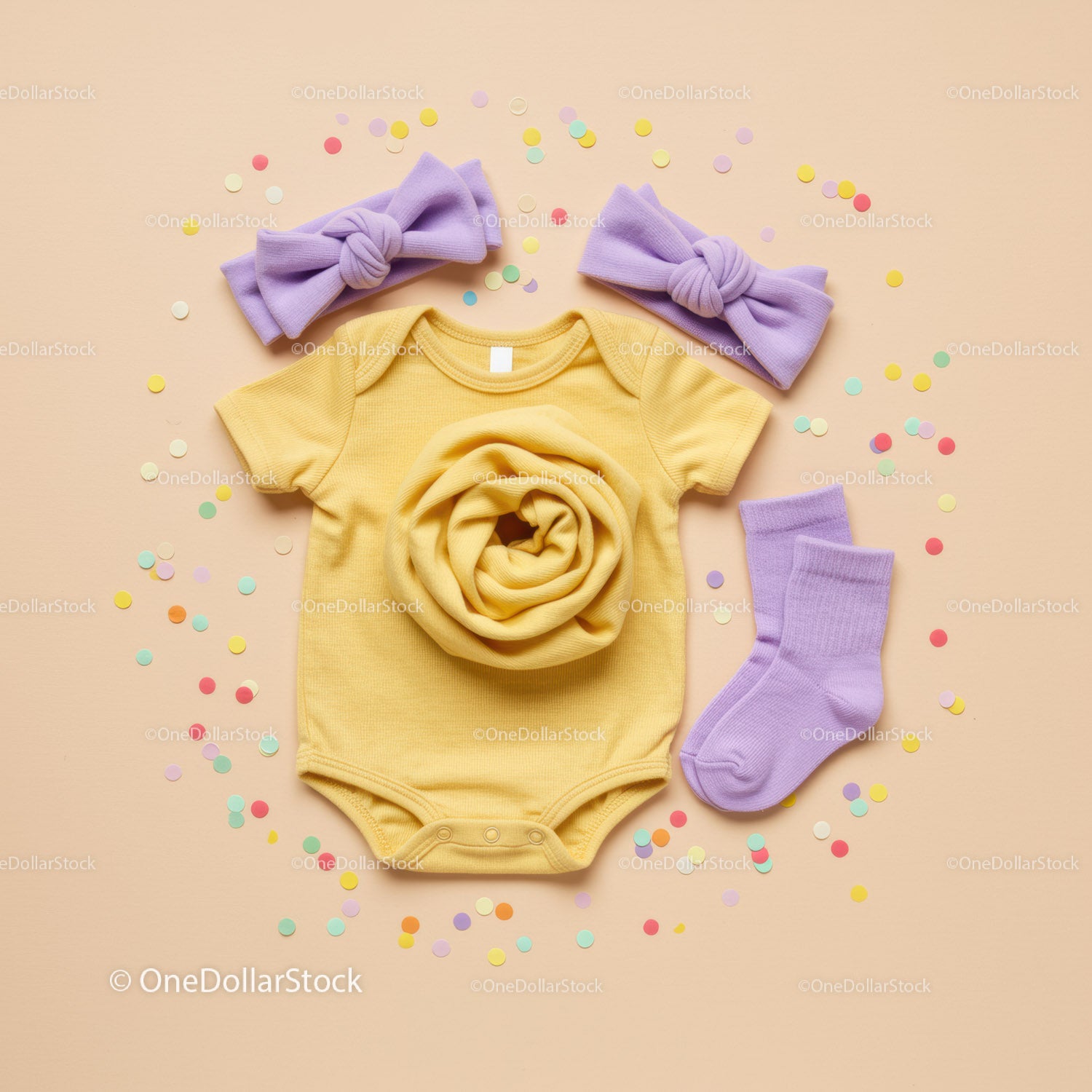 Yellow Baby Bodysuit Set with Purple Accessories and Confetti