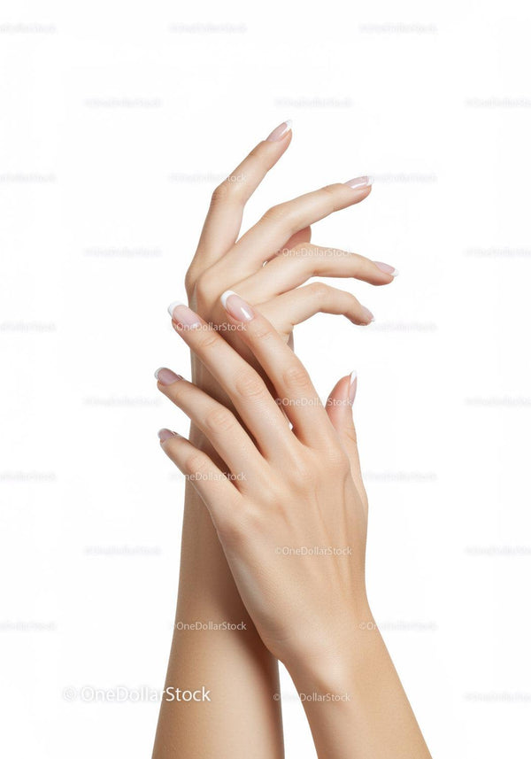 Eleganckie damskie dłonie z francuskim manicure na białym tle