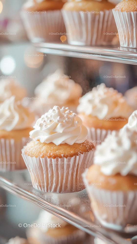 Assortment of Vanilla Frosted Cupcakes on a Clear Acrylic Display