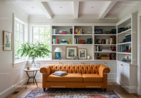 Cozy Living Room with Orange Chesterfield Sofa and Bookshelves